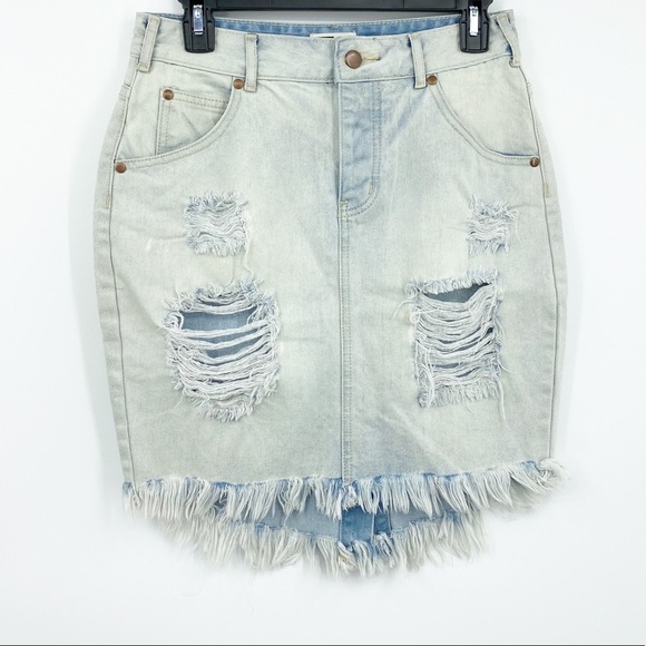 Lira Distressed High Rise Denim Pencil Skirt NWT - Picture 2 of 6